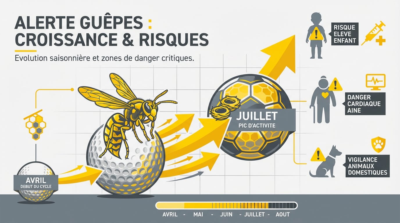 Évolution d'un nid de guêpes du printemps à l'été montrant les risques accrus