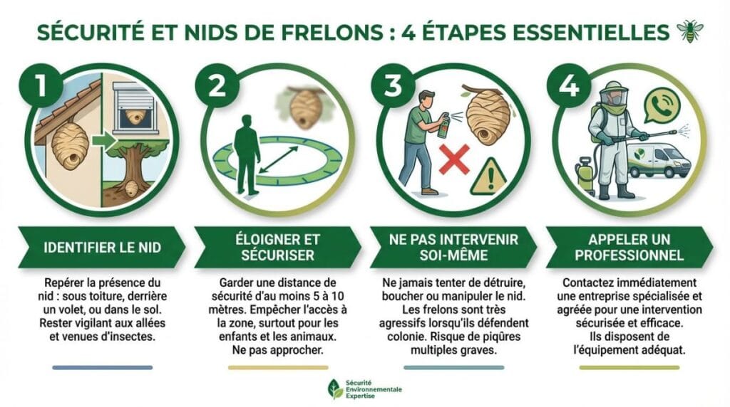 Infographie 4 etapes : 1) Identifier le nid (sous toiture, volet, sol) 2) Eloigner et securiser 3) Ne pas intervenir soi-meme 4) Appeler professionnel.