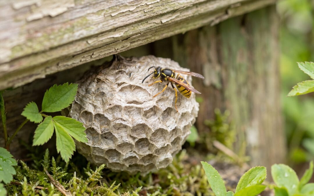 Une guêpe fondatrice jaune et noire sur son petit nid de papier, sous une planche de bois usée, entourée de verdure.