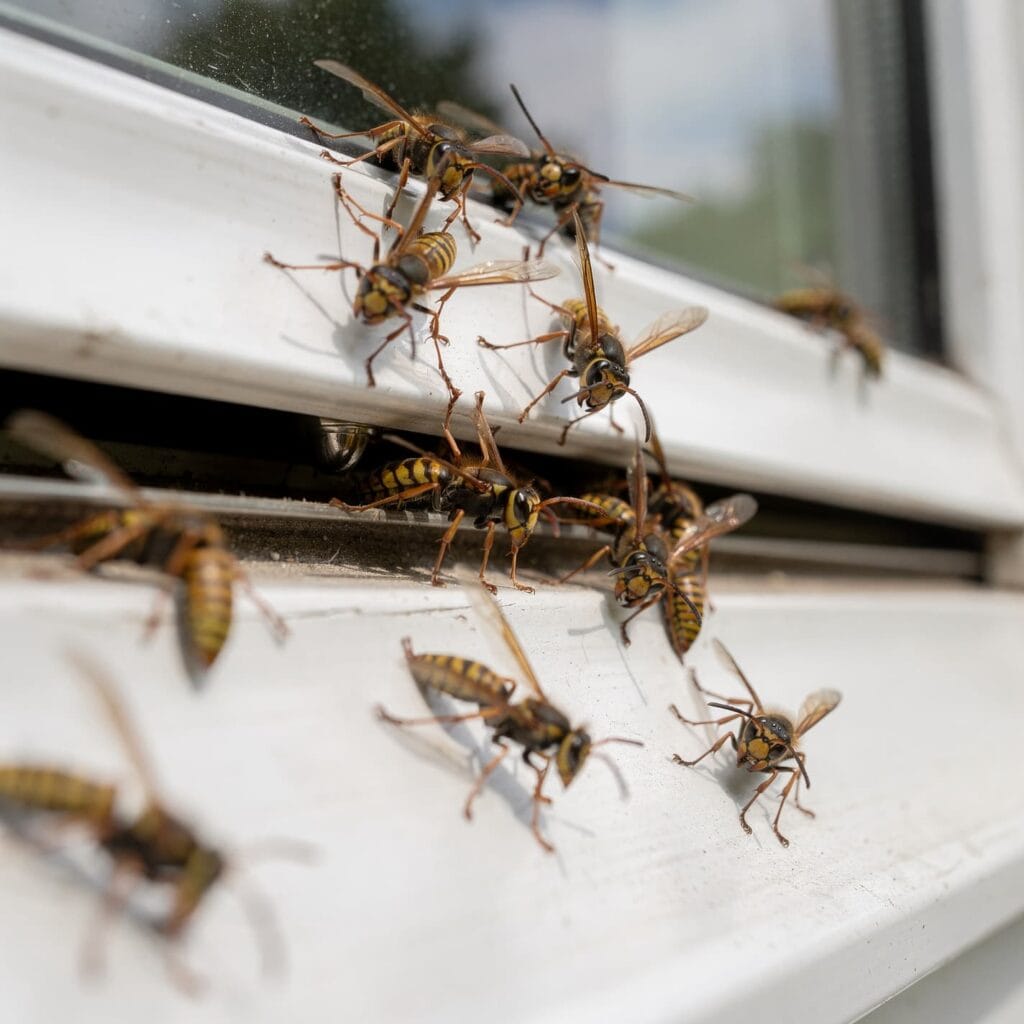 Guêpes entrant et sortant autour d'un châssis de fenêtre, indiquant la présence d'un nid dans la paroi ou le caisson
