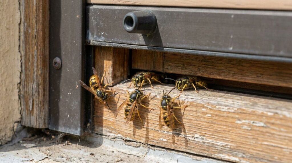 Guêpes rentrant sous la fente d'un caisson de volet roulant, emplacement typique de nidification en été