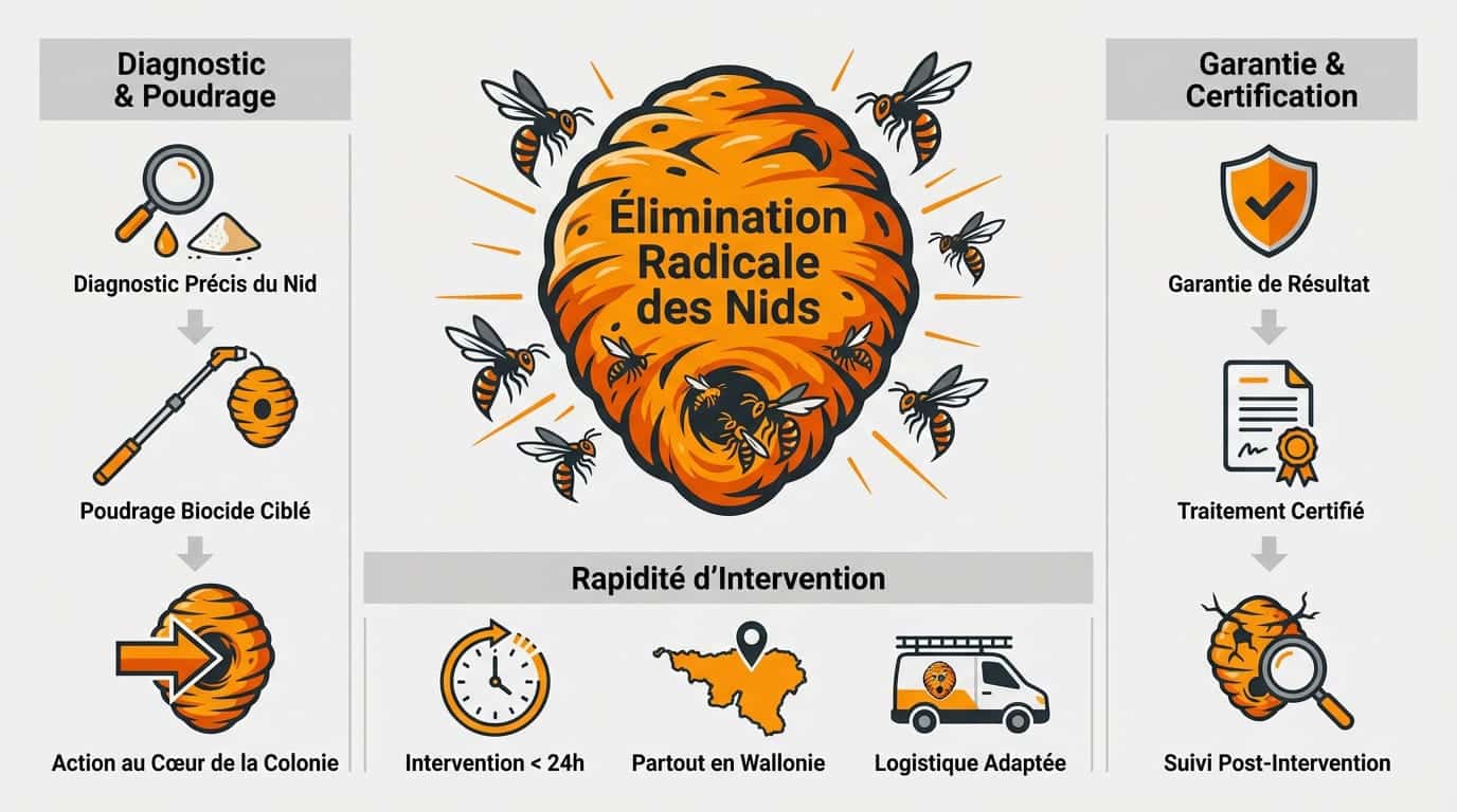 Technicien expert en désinsectisation intervenant sur un nid de frelons avec équipement de protection et perche de poudrage