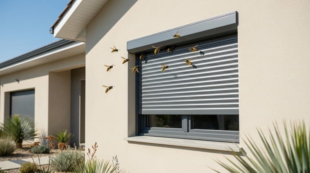 Plusieurs guêpes volent autour d'un volet roulant gris installé sur la façade beige d'une maison moderne sous un ciel bleu.