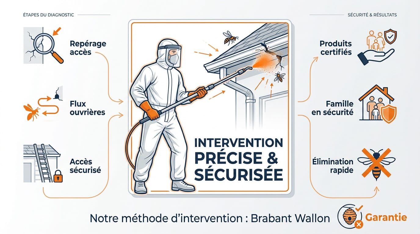 Technicien expert en d&eacute;sinsectisation intervenant sur un nid de gu&ecirc;pes avec &eacute;quipement de protection