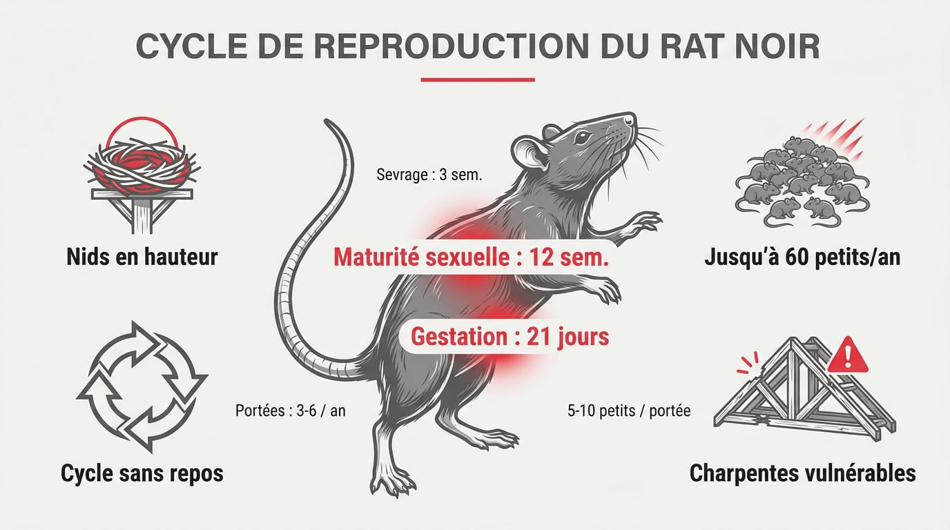 Schéma du cycle de reproduction rapide du rat noir en milieu domestique