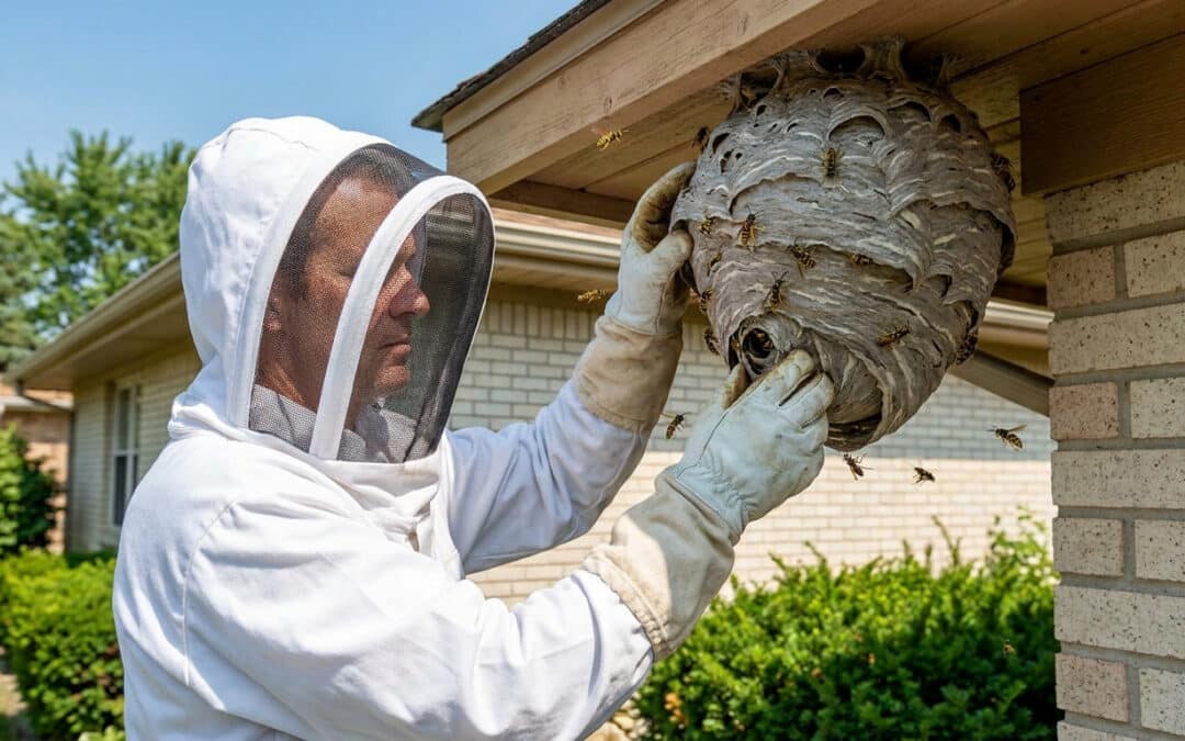 Un professionnel en combinaison protectrice blanche retire un grand nid de guêpes sous les avant-toits d'une maison en briques. Des guêpes volent autour.