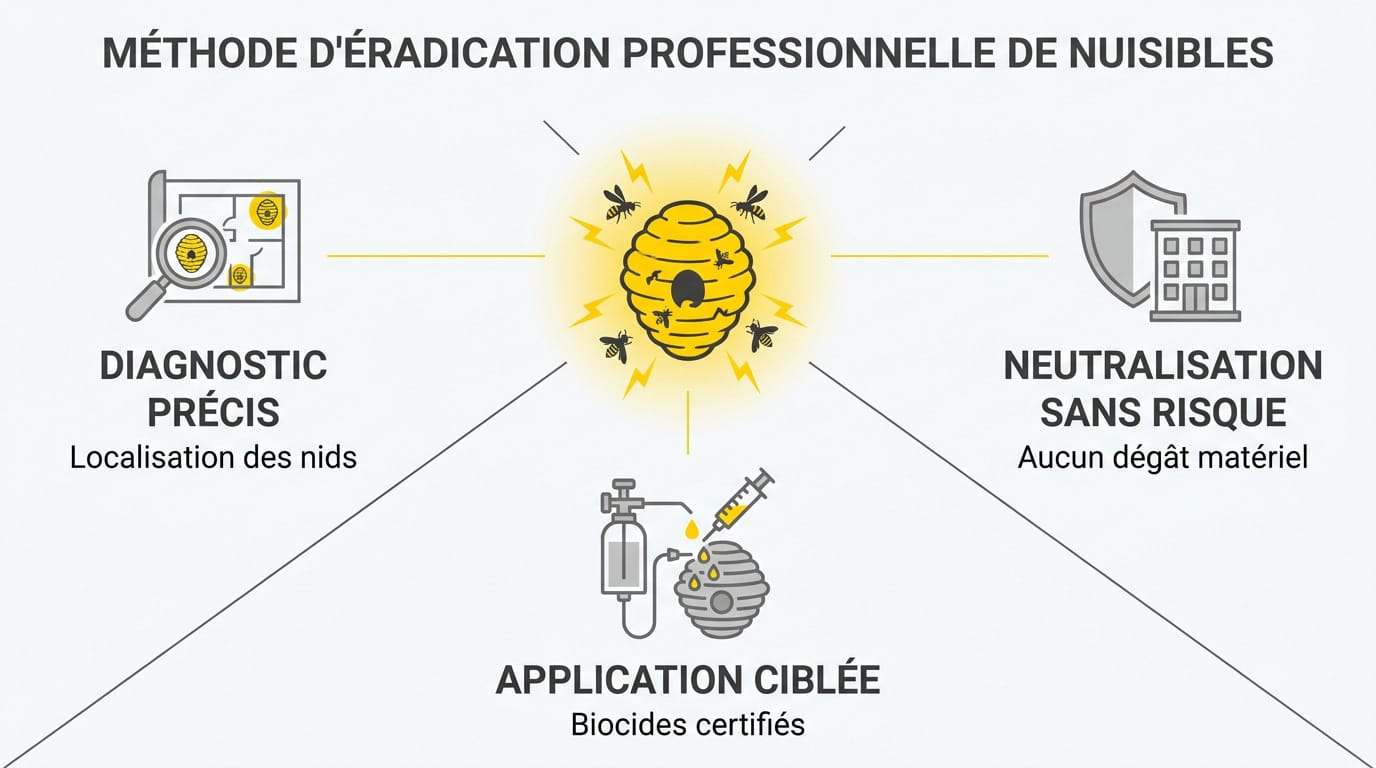 Technicien expert intervenant sur un nid de guêpes avec équipement de protection