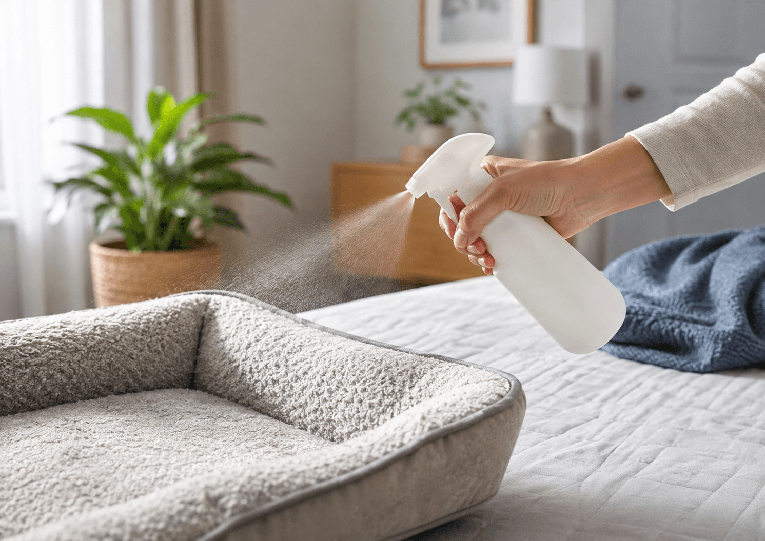 Application d’un spray anti-puces sur textiles et couchage
