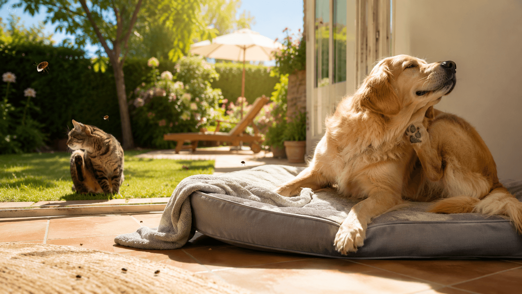 Chien et chat exposés aux puces pendant l’été dans un jardin et une maison
