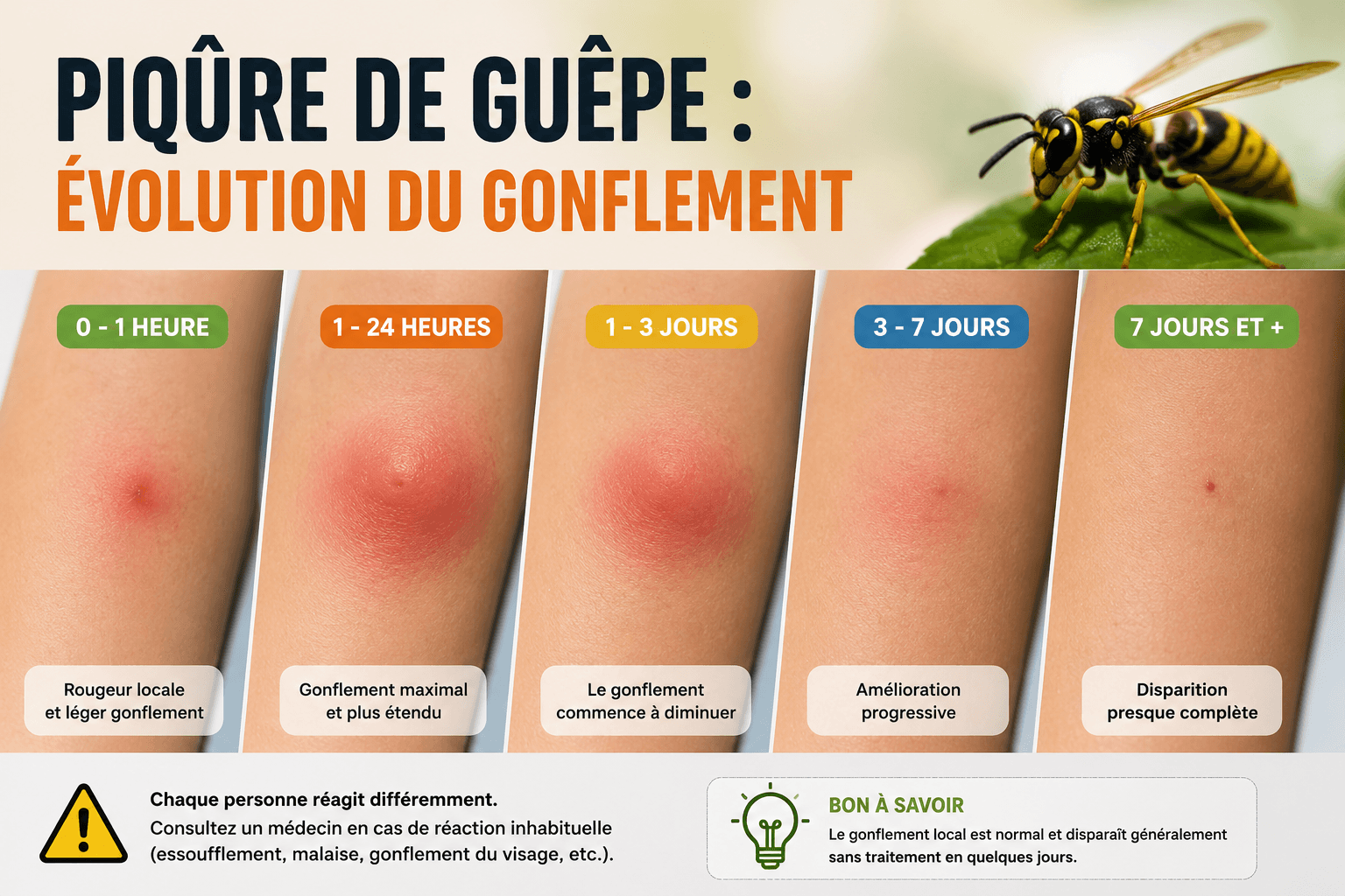 Évolution du gonflement après une piqûre de guêpe