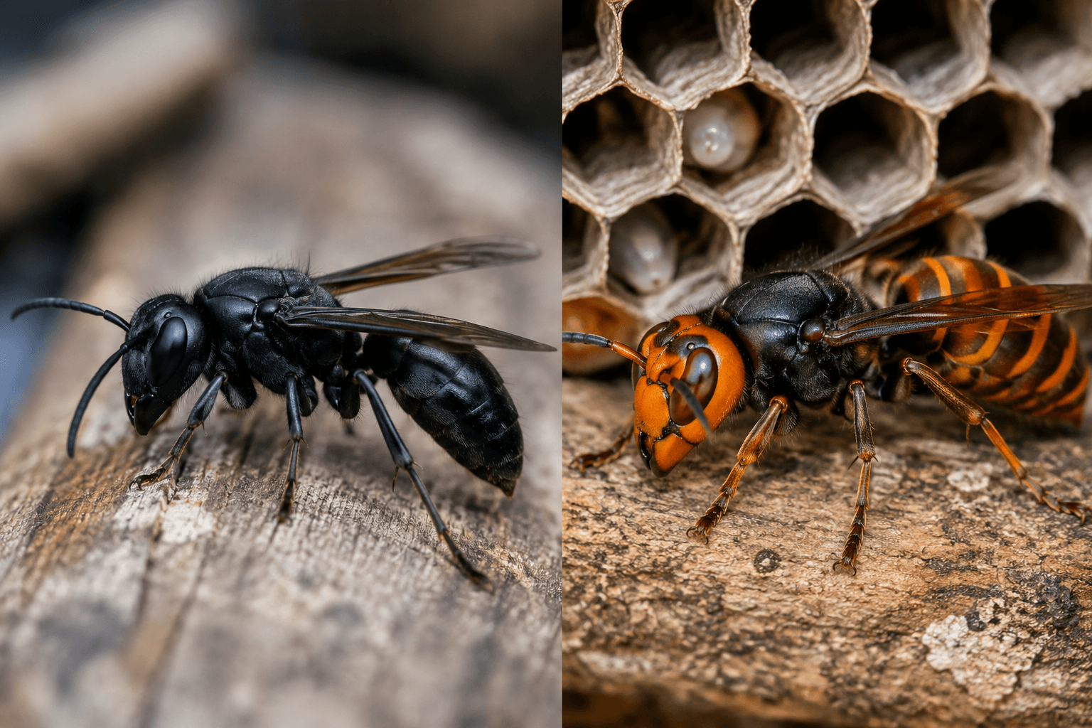 Comparaison entre un frelon noir et un frelon oriental