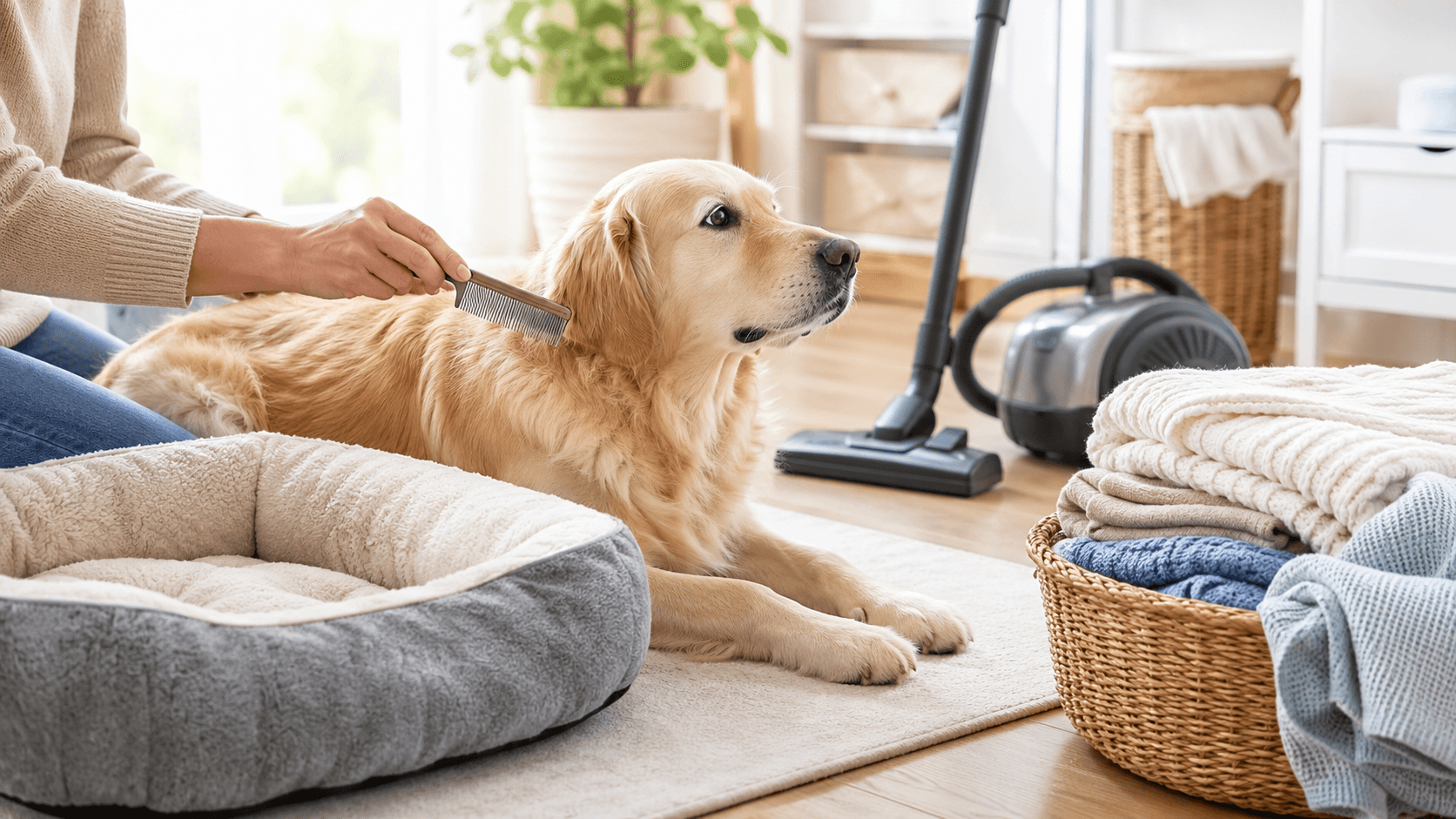 Gestes de prévention contre les puces à la maison avec nettoyage, couchage propre et contrôle du chien