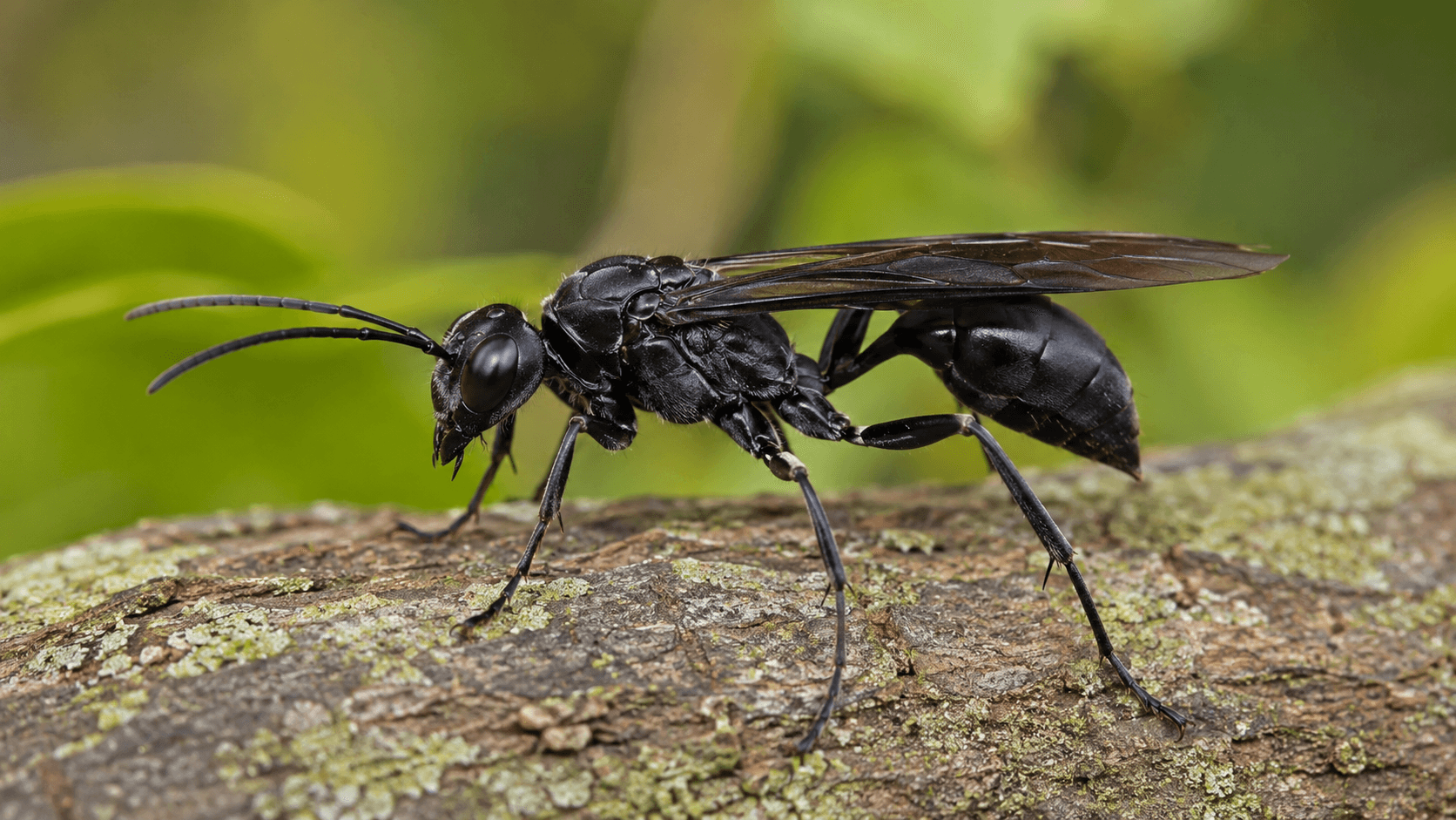 Guêpe noire sur bois, vue de près pour comprendre son aspect réel