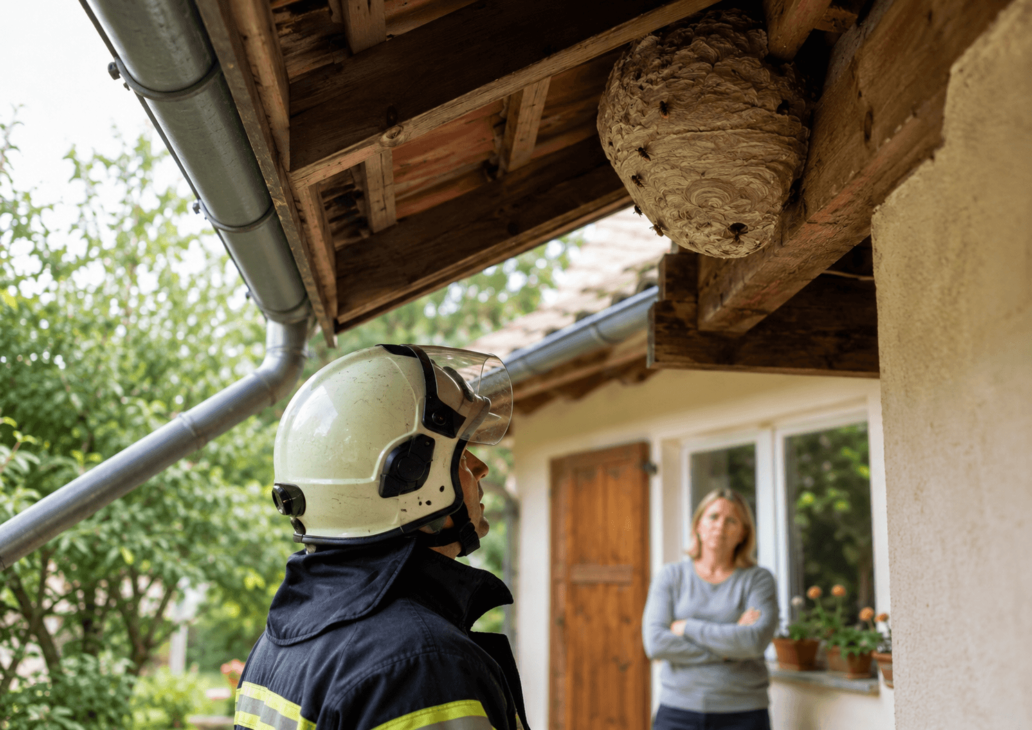 Inspection d’un nid de guêpes sous toiture par les pompiers