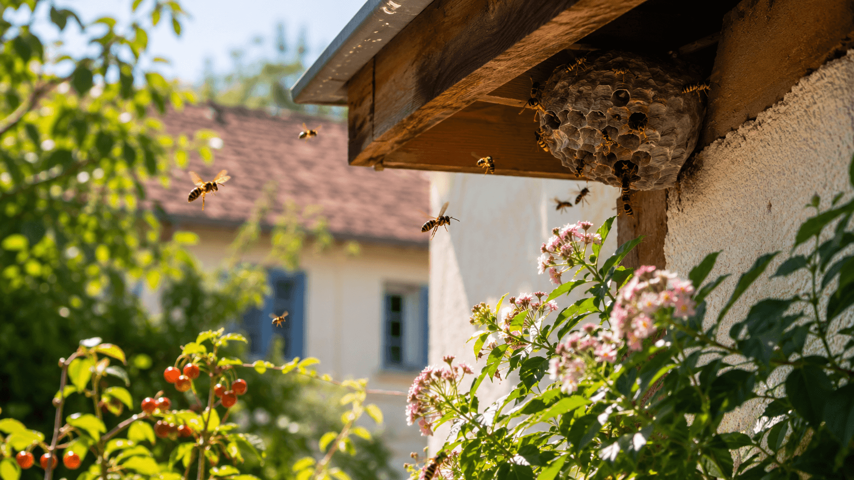 Nid de guêpes et frelons sous toiture en été