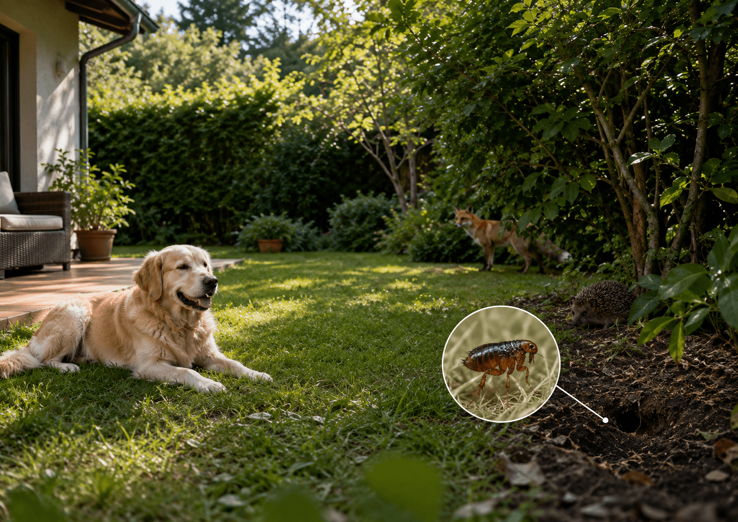 Origines des puces dans le jardin avec zones ombragées, végétation et animaux à surveiller