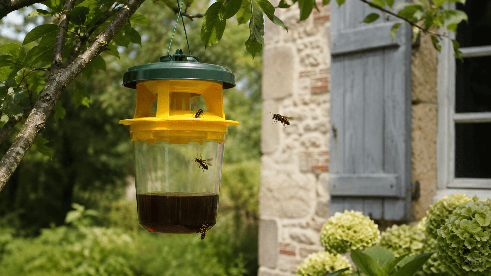 Piège à frelon asiatique installé dans un jardin