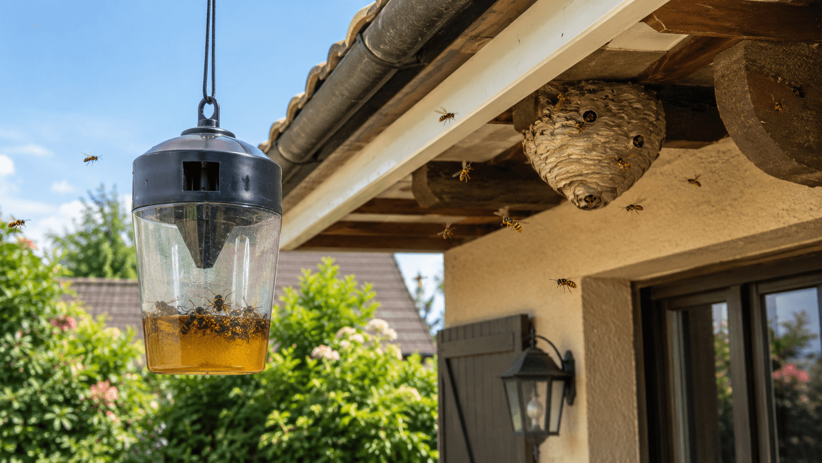 Piège à guêpes avec un nid toujours actif sous une toiture