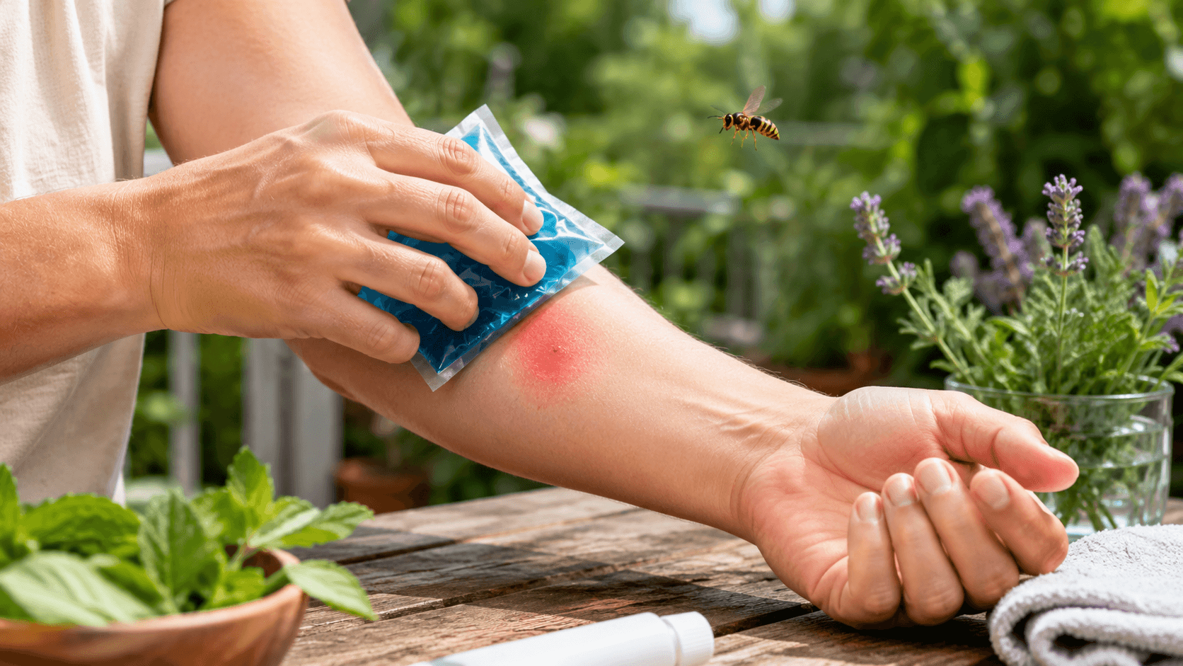 Premiers soins après une piqûre de guêpe avec une compresse froide