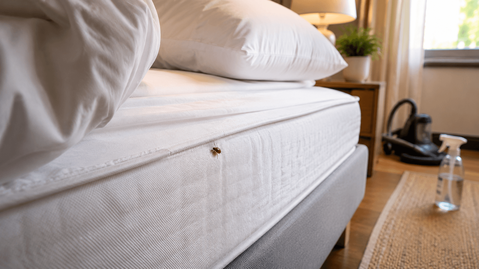 Puce visible sur un matelas, signe possible d’infestation dans le lit