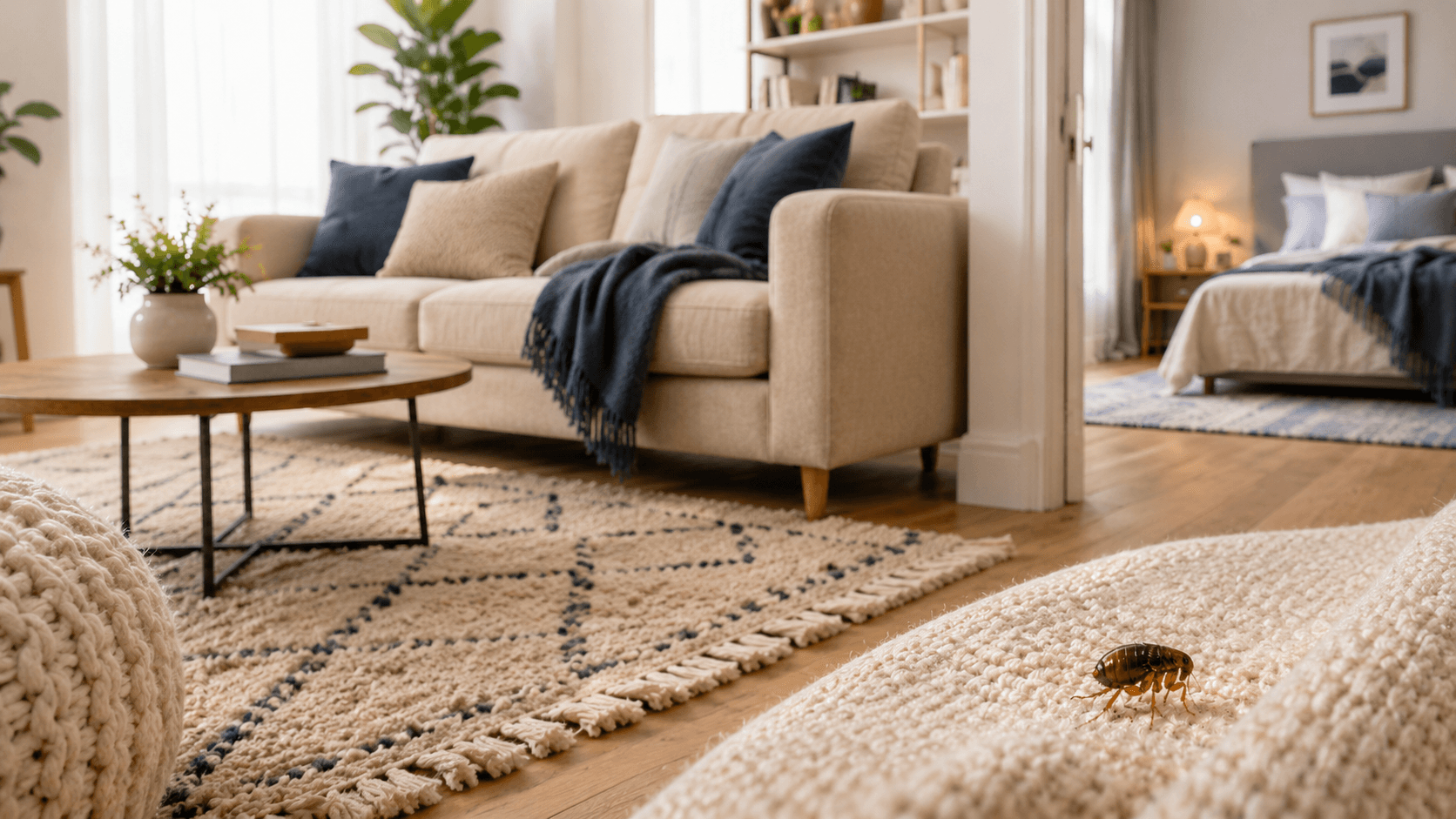 Puce visible sur un tissu dans une maison sans animaux