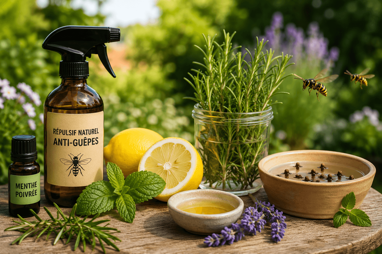 Répulsif naturel anti-guêpes à base de menthe, citron et romarin