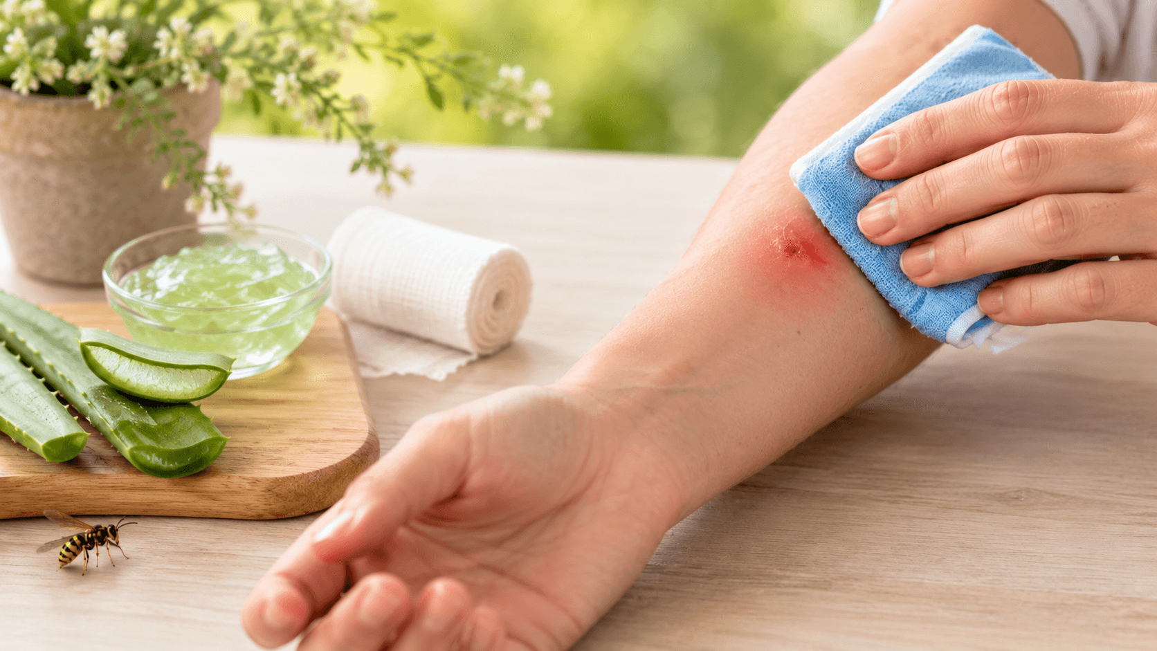 Soulager une piqûre de guêpe avec une compresse froide et de l’aloe vera