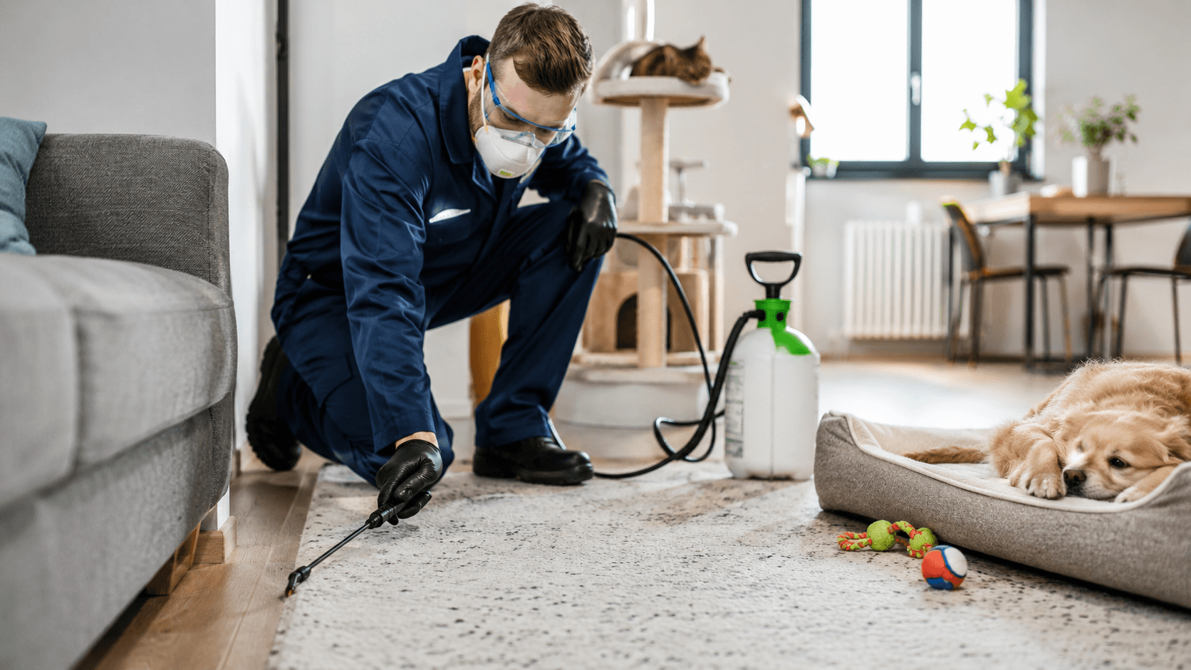 Technicien anti-puces traitant un logement à Liège