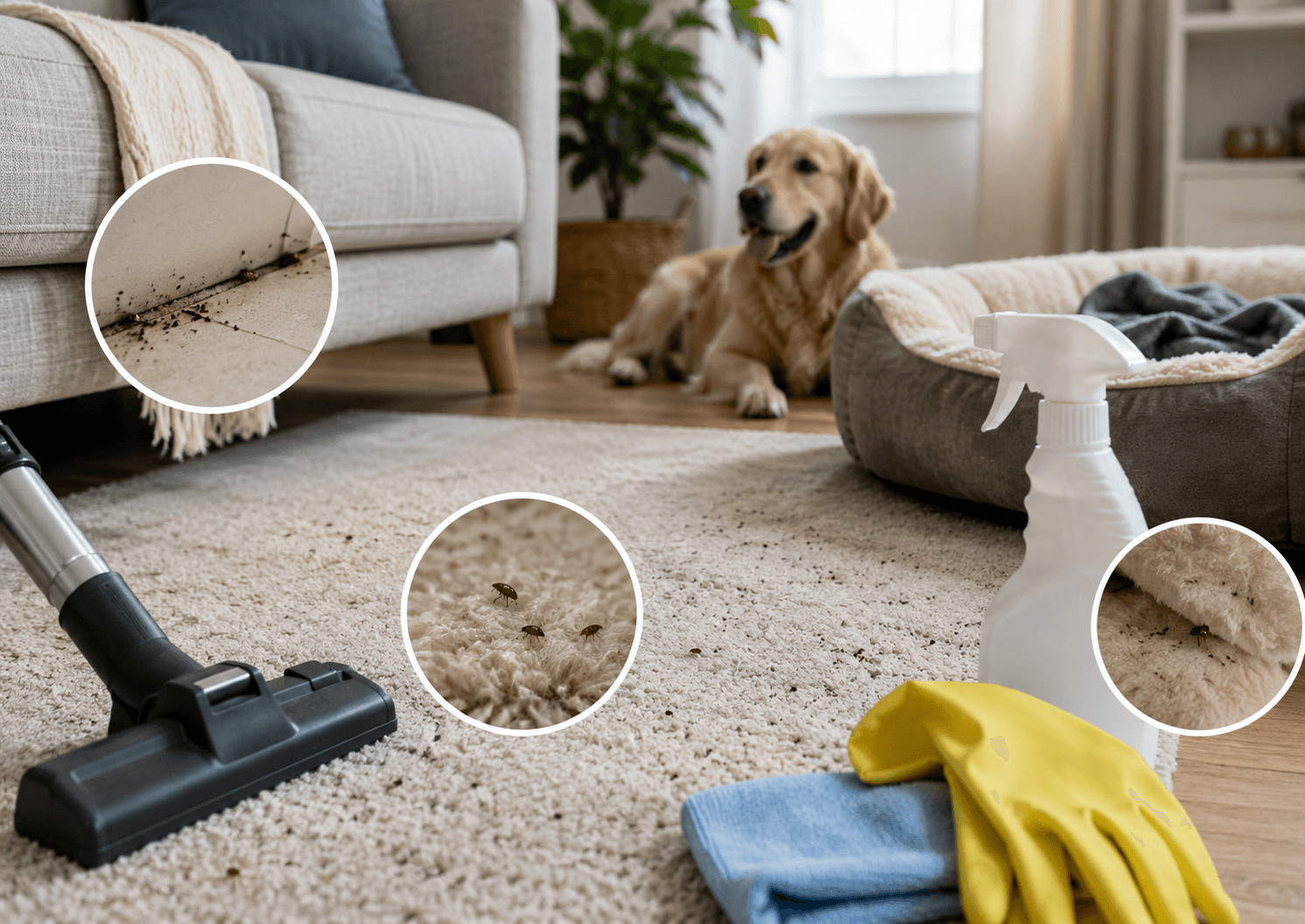 Zones cachées où les puces reviennent après traitement dans une maison avec tapis, panier et canapé